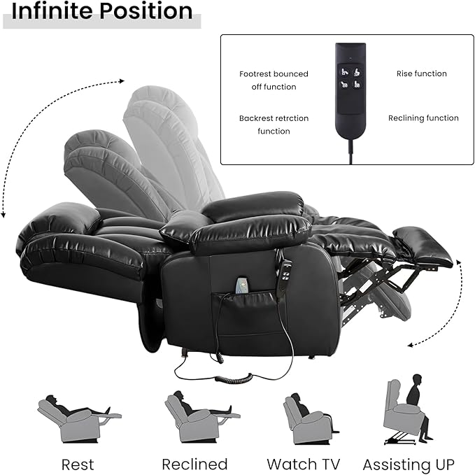 TEKAMON Power Lift Recliner Chair for Elderly with Heat & Massage, Dual Motor Breathable Leather Recliner, Lay Flat Sleeping Chairs with Infinite Position, RemoteControl (Black, Extended)
