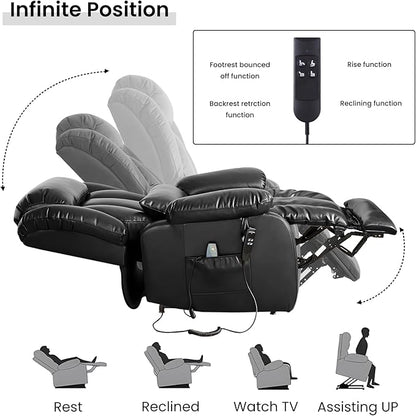 TEKAMON Power Lift Recliner Chair for Elderly with Heat & Massage, Dual Motor Breathable Leather Recliner, Lay Flat Sleeping Chairs with Infinite Position, RemoteControl (Black, Extended)