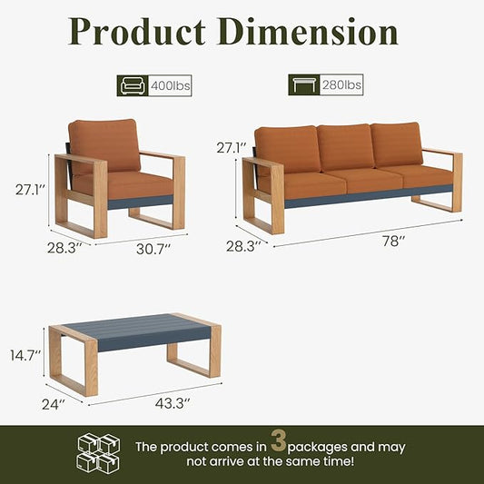 LayinSun 4 Pieces Aluminum Patio Furniture Set with Coffee Table, Oversized Seat with Hight Back, Outdoor Conversation Sets for Porch, Balcony, Deck