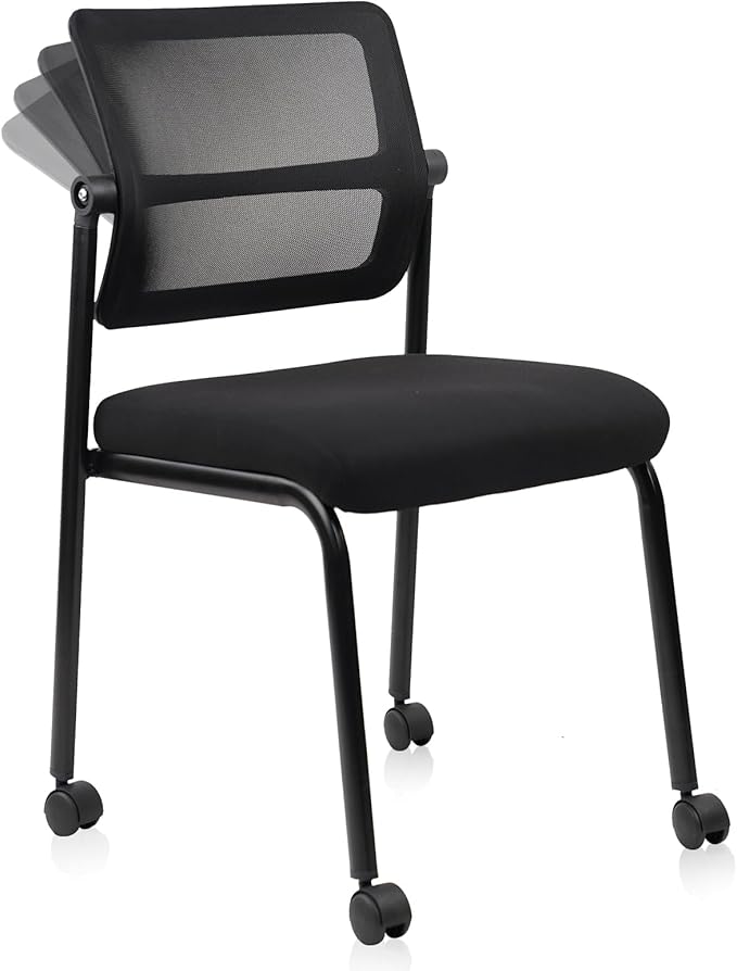 CLATINA Stacking Armless Office Guest Chair with Wheels, Stackable Mesh Waiting Room Reception Desk Chairs with Adjustable Backrest for Conference Lobby Side School, Black