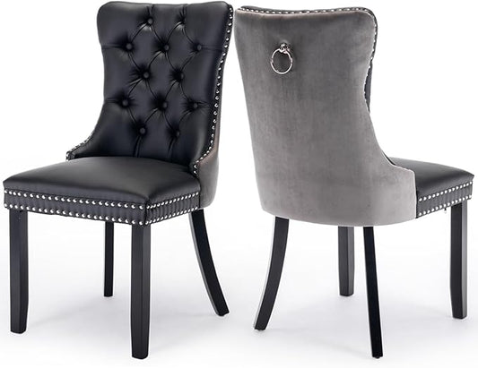 Leather Upholstered Dining Chairs Set of 2, Modern Style Kitchen Side Chairs with Nailhead Trim and Wood Leg, Metal Pulling Ring for Dining Room Living Room(Black&Grey,Set of 2)