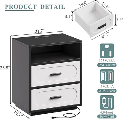 Nightstand with Charging Station, 21.7" Wide Bedside Table with 2 Storage Drawers & Open Shelf, Mid Century Modern Wood End Table for Bedroom, Living Room, Black/White