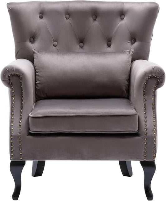 chairus Mid-Century Modern Accent Chair Comfy Tufted Single Sofa Chair Wingback Armchair with Pillow for Club, Living Room, Bedroom - Velvet, Grey