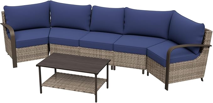 COOS BAY Aurora Terrace Half-Moon Outdoor Furniture Set, Rattan Conversation Set with Curved 5-Seat Sofa, Coffee Table, Seats 5, Beige/Blue