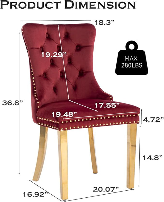 Velvet Upholstered Dining Chairs Set of 2, Modern Style Kitchen Side Chairs with Nailhead Trim and Gold Plated Leg, Metal Pulling Ring for Dining Room Living Room(Wine Red-Gold Plated Leg)