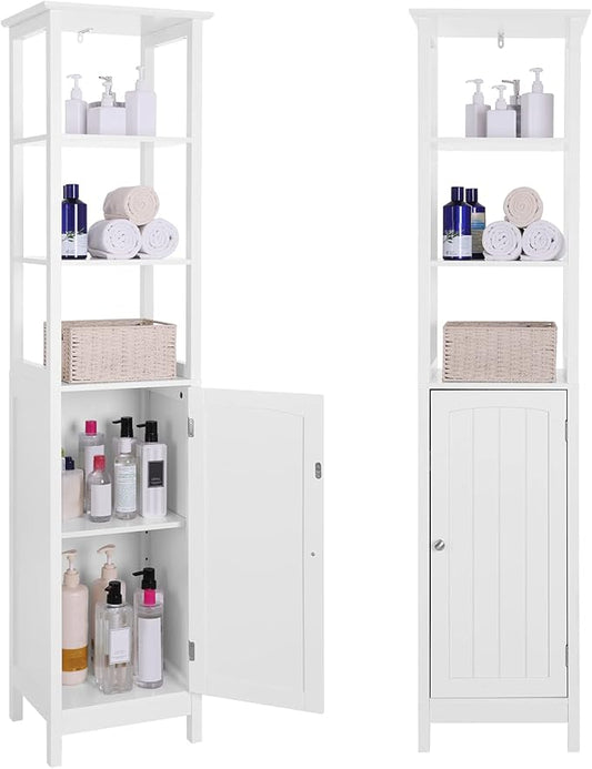 VASAGLE Storage Cabinet, Slim Linen Tower with Drawer and Door, for Living Room, Bathroom, Bedroom, 15.7 x 12.6 x 63 Inches, White UBBC63WT