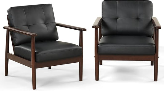 STHOUYN Mid Century Modern Chair, PU Leather Accent Chair Set of 2 with Wood Arms, Living Room Chairs, Reading Armchair for Bedroom, Waiting Room, Office
