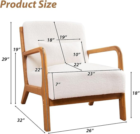 Accent Chair Mid Century Modern Chair Sherpa Fabric Living Room Chairs with Solid Wood Frame Comfy Upholstered and Lumbar Pillow Reading Side Chair Easy Assembly for Bedroom (1, White)