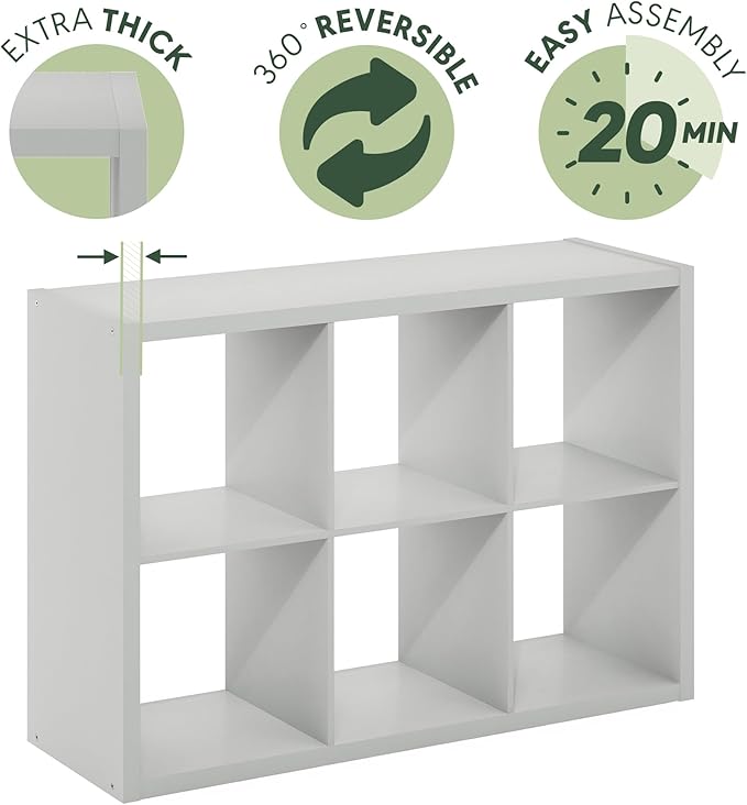 Furinno CUBICLE Book Shelf, 6-Cube Thick Frame Bookshelf, Horizontally & Vertically Reversible Bookcase with Open Back, 14.6 x 43.8 x 30, for Living Room, Bedroom, Home Office, Light Grey