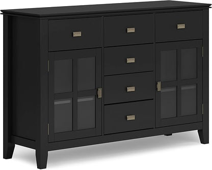 SIMPLIHOME Artisan Buffet - 54 inch Wide Solid Wood 3-Door Sideboard Buffet in Black, Contemporary Storage Cabinet for Dining Room or Kitchen with Adjustable Shelves and Bronze Hardware