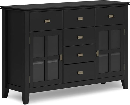SIMPLIHOME Artisan Buffet - 54 inch Wide Solid Wood 3-Door Sideboard Buffet in Black, Contemporary Storage Cabinet for Dining Room or Kitchen with Adjustable Shelves and Bronze Hardware