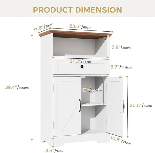 Floor Cabinet, Farmhouse Storage Cabinet with Barn Doors and Drawer, 11.81" D x 23.62" W x 39.37" H White Freestanding Adjustable Shelf Organizer for Bathroom, Kitchen, Living Room