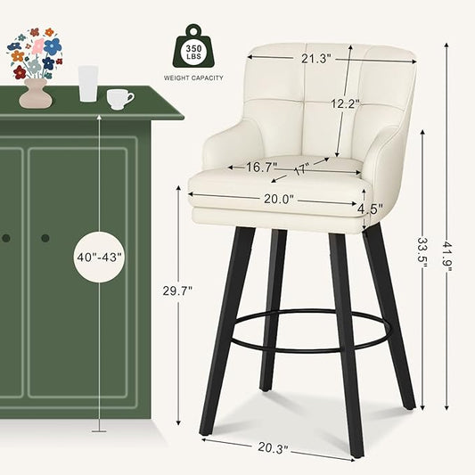 360°Swivel Counter Height Bar Stools with Back, 30 inch Solid Wood Legs, Bar Stool Modern Kitchen Island Chairs, Faux Leather (Beige- Faux Leather, 30" H- Set of 2)