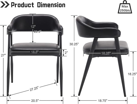 HNY Modern Dining Room Arm Chairs Set of 2, Retro Faux Leather Upholstered Barrel Dining Chairs with Arms Mid-Century Black Accent Chair with Metal Legs, Open-Back Kitchen Side Chair for Living Room
