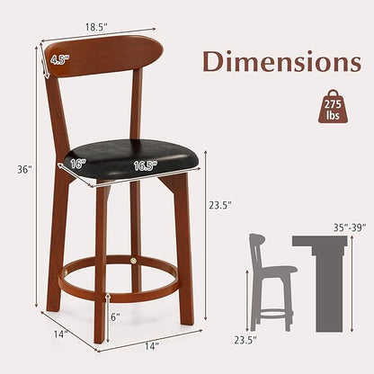 COSTWAY Bar Stool Set of 2, 23.5'' Counter Height Barstools w/Curved Backrest, Faux Leather Cushion & Rubber Wood Frame, Mid Century Modern Island Chairs for Kitchen Bar Cafe, Walnut
