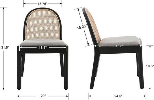 Rattan Dining Chairs Set of 4, Modern Dining Room Chairs with Cane Back Comfy Accent Kitchen Chair Upholstered Linen Fabric Chair for Restaurant/Living Room, Grey