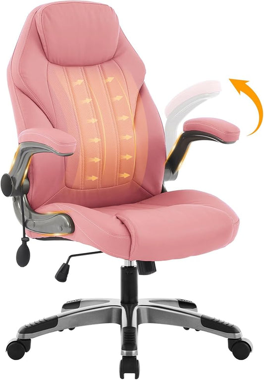 Office Desk Chair, Ergonomic Computer Chair with Padded Flip-Up Arms and Adjustable Lumbar Support, PU Leather Executive Chair with Tilt Lock and 360° Swivel Rolling Wheels for Work, Study