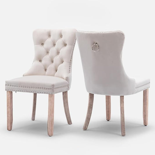 Velvet Upholstered Dining Chairs Set of 2, Modern Style Kitchen Side Chairs with Nailhead Trim and Wood Legs,Metal Pulling Ring for Dining Room Living Room(Beige,Set of 2)