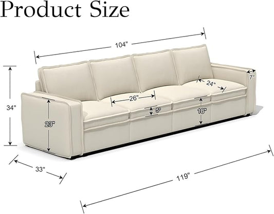 EALSON 119" Modular Sectional Sofa Modern Comfy 4-Seater Couch Sofa Linen Fabric Upholstered Cloud Couches with 24" Deep Seat and Wooden Legs for Bedroom/Living Room/Office, White