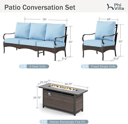 Patio Furniture Set with 56" Fire Pit Table, Premium Outdoor Wicker Metal Frame Furniture with Upgraded Waterproof Thick Cushions for Porch, Poolside, Deck, and Yard （4 Pieces,Blue）