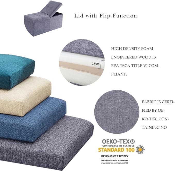 CUYOCA Storage Ottoman Bench Foldable Seat Footrest Shoe Bench End of Bed Storage with Flipping Lid, 75L Storage Space, 30 inches Linen Fabric Navy