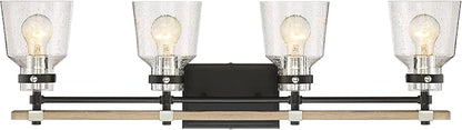 Possini Euro Design Broadway Modern Industrial Wall Light Black Painted Faux Wood Hardwired 32" 4-Light Fixture Clear Seedy Glass Shade for Bedroom Bedside Bathroom Vanity Living Room Hallway House