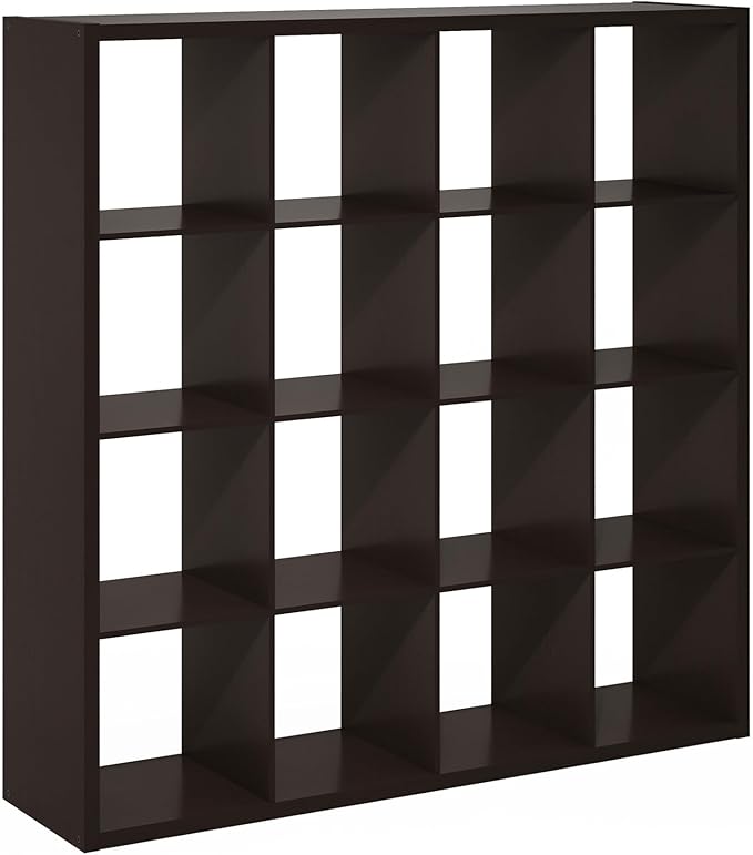Furinno Cubicle Book Shelf, 16-Cube Thick Frame Bookshelf, Reversible Bookcase with Open Back, 14.6 x 57.8 x 58, for Living Room, Bedroom, Home Office, Black Dark Oak