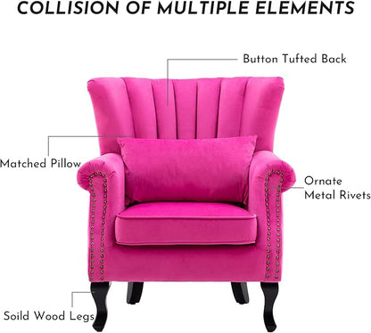 Accent Reading Arm Chairs Set of 2 Midcentury Modern Comfy Corner Sofa Chair, Wingback Waiting Room Club Chair with Tufted Back for Living Room/Bedroom/Reception Room, Velvet Rose