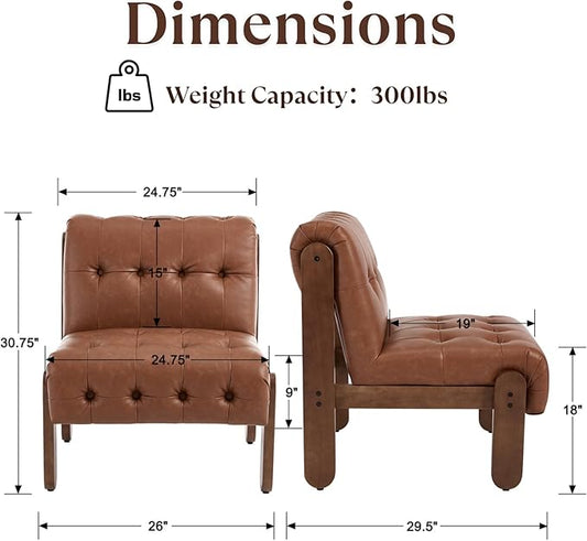 HEAH-YO Accent Chair Set of 1,Modern Vintage Living Room Chair for Bedroom with Button Tufted Back and Wood Legs,Upholstered Comfy Reading Chair for Makeup Vanity Cafe,PU Brown