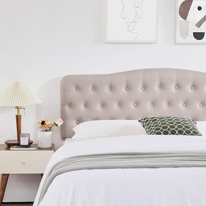 Upholstered King Headboard, Button Diamond Tufted Headboard with Adjustable Height and Solid Wood Leg, Linen Fabric Padded Headboards for King Size Bed, Mordern Head Board, Beige