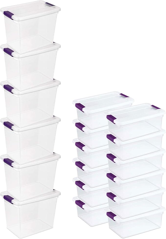 Sterilite 27 Quart Clear Latch Lid Storage Container Tote, 6 Pack, and 15 Quart Clear Latch Lid Storage Container Tote, 12 Pack for Home Organization