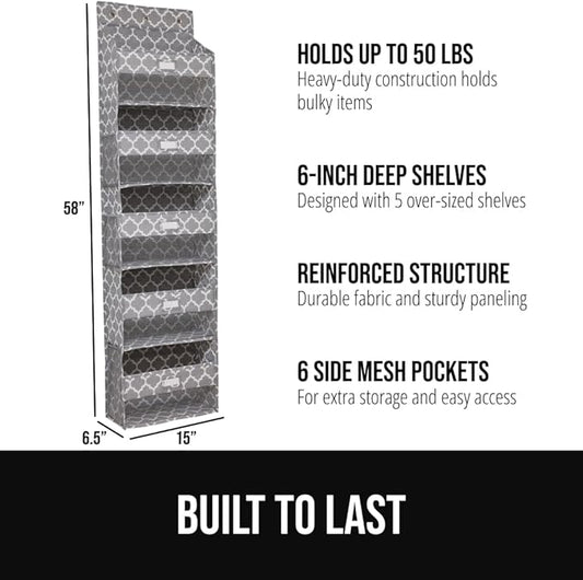 GORILLA GRIP Over The Door Organizer Storage, 5 Deep Hanging Shelves, Holds 50lbs, Closet Organizers Shelf for Bedroom, Bathroom, Nursery, Dorm Essentials, 3 Metal Hooks, 58x15 Inches, Quatrefoil