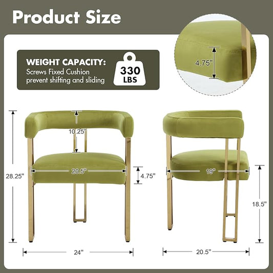 Green and Gold Modern Dining Chairs Set of 4, Velvet Upholstered Barrel Armchairs with Metal Legs for Kitchen Island, Mid Century Accent Chairs for Dining Room Living Room, Open-Back