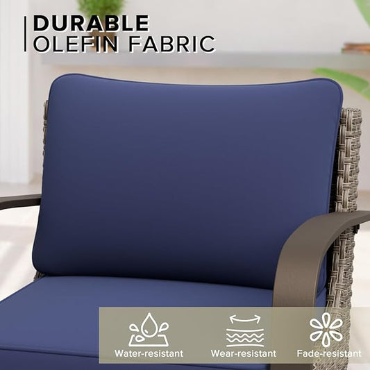 COOS BAY Aurora Terrace Half-Moon Outdoor Furniture Set, Rattan Conversation Set with Patio Chairs, Curved 4-Seat Sofa, Coffee Table, Seats 6, Beige/Blue