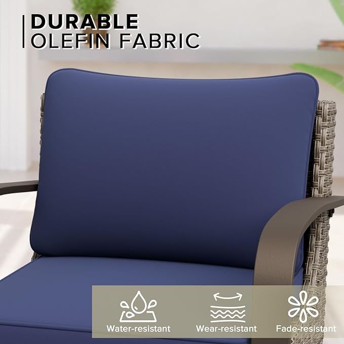 COOS BAY Aurora Terrace Half-Moon Outdoor Furniture Set, Rattan Conversation Set with Swivel Rockers, Curved 5-Seat Sofa, Coffee Table, Seats 7, Beige/Blue