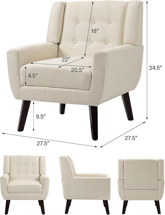 Accent Chair, Mid-Century Modern Fabric Chairs with Arms for Living Room, Comfy Upholstered Club Single Sofa Armchair for Bedroom Waiting Room with Solid Wood Frame (Fabric White, Set of 1)