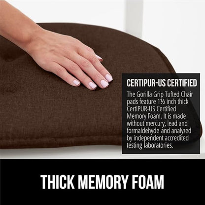 GORILLA GRIP Slip Resistant Tufted Chair Cushions, No Ties Required, Memory Foam Pads for Dining Room Kitchen Table, Office, Rocking Chairs, Plush Seat Cushion Pad, Home Decor, Set of 4, 16x17, Brown