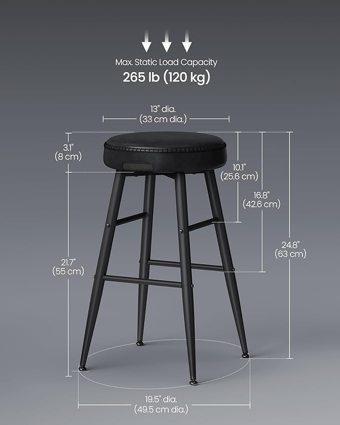VASAGLE EKHO Collection - Bar Stools Set of 2, Counter Height Bar Stools, Kitchen Counter Stools, Mid-Century Modern Backless Counter Stools, 24.8-Inch Tall, Kitchen Island Home Bar, Ink Black