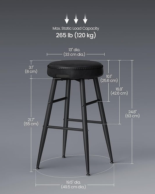 VASAGLE EKHO Collection - Bar Stools Set of 2, Counter Height Bar Stools, Kitchen Counter Stools, Mid-Century Modern Backless Counter Stools, 24.8-Inch Tall, Kitchen Island Home Bar, Ink Black