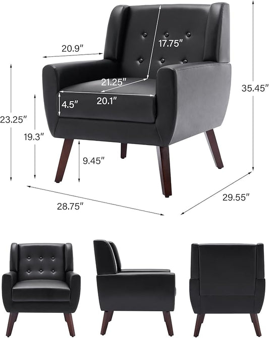 Accent Chair, Mid-Century Modern PU Leather Chairs with Arms for Living Room, Comfy Upholstered Club Single Sofa Armchair for Bedroom Waiting Room with Solid Wood Frame（Leather Black, Set of 1)