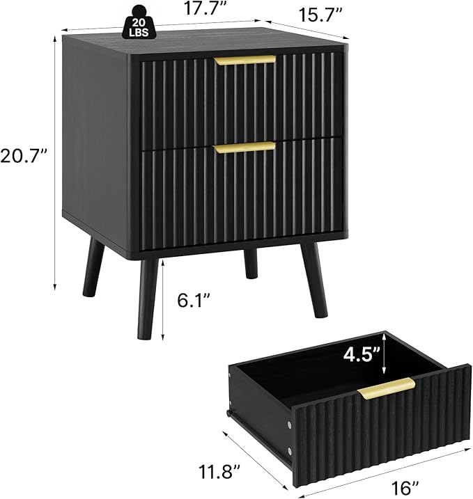LYNSOM Fluted Dresser and Nightstand Sets 4 Piece, 2-Drawer Nightstands and 5/6 Drawers Dresser, Wood Bedroom Furniture Set for Home, Bedroom, Hallway, Black