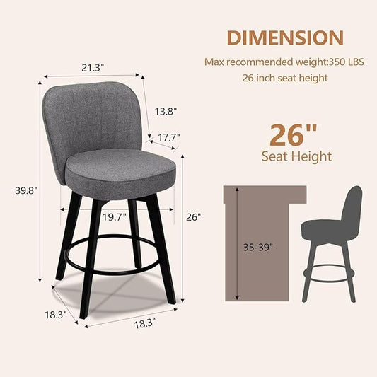 MINCETA Bar Stools Set of 2, 26 Inch Upholstered Barstools with Backrest and Footrest, Swivel Counter Height Barstools for Kitchen Island Home Bar Gray