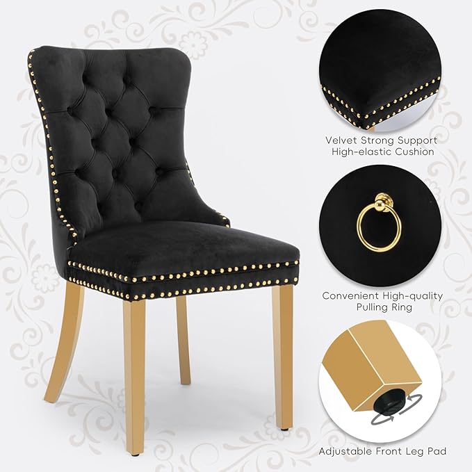 Velvet Upholstered Dining Chairs Set of 6, Modern Style Kitchen Side Chairs with Nailhead Trim and Gold Plated Leg, Metal Pulling Ring for Dining Room Living Room(Black, Set of 6)