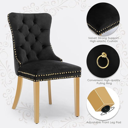 Velvet Upholstered Dining Chairs Set of 4, Modern Style Kitchen Side Chairs with Nailhead Trim and Gold Plated Leg, Metal Pulling Ring for Dining Room Living Room(Black,Set of 4)