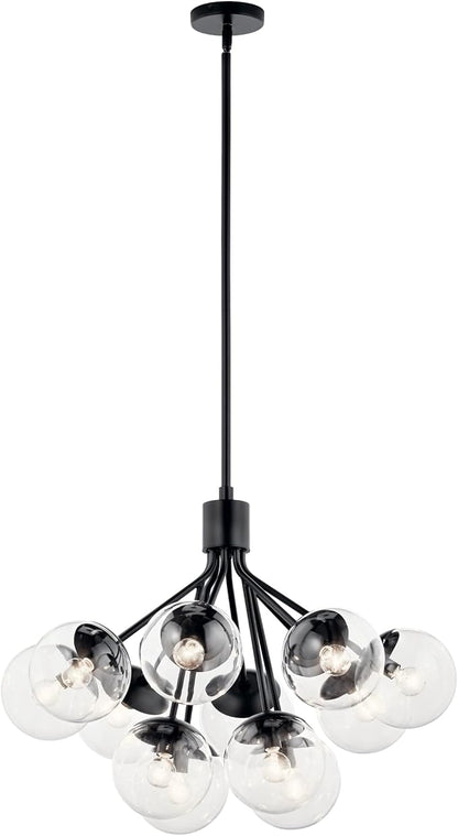 KICHLER Silvarious 12-Light Convertible Chandelier, Soft Modern Light with Clear Glass in Black, for Dining Room, Living Room, Bedroom or Foyer (22.25" x 30"), 52701BKCLR