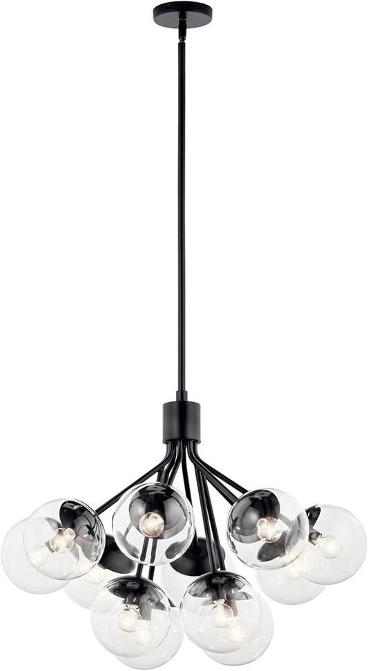KICHLER Silvarious 12-Light Convertible Chandelier, Soft Modern Light with Clear Glass in Black, for Dining Room, Living Room, Bedroom or Foyer (22.25" x 30"), 52701BKCLR