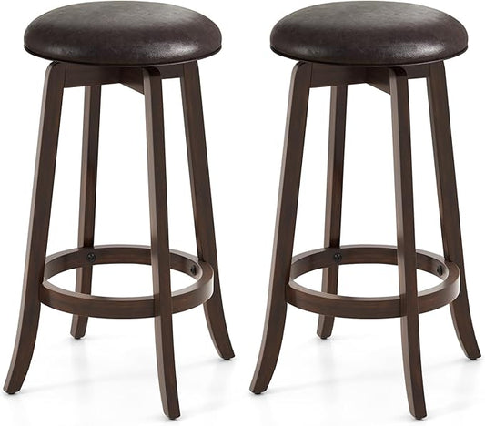 COSTWAY 29-Inch Swivel Bar Stools Set of 2, Upholstered Barstools w/PU Leather Seat & Solid Rubber Wood Legs, Mid-Century Backless Round Bar Height Stools w/Footrest for Kitchen Home Bar