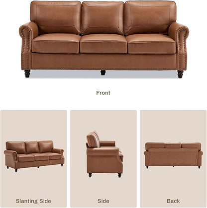 Kingfun Mid-Century Modern Couch, Faux Leather Sofa Set, 3 Seater Couch for Living Room with Rolled arms & Nailhead Trim,Brown