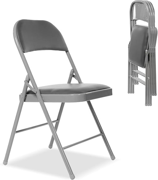 4 Pack Folding Chairs with Padded Seats, Padded Folding Chair with Steel Frame for Events Home Office, Pu Leather Folding Chair Grey