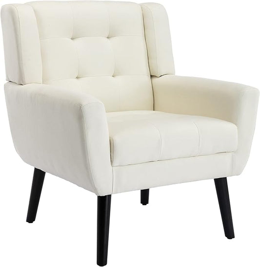 Dolonm Midcentury Modern Accent Chair with Arms, Upholstered Fabric Reading Side Chair Tufted Back Decorative Wingback Chair for Living Room Bedroom (Beige)